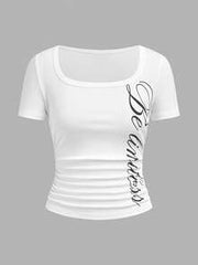 Slaydiva Women's Short Sleeve Square Neck Slim Fit White T-Shirt,Gathered English Letter Summer Casual Basic Top,Perfect For City Break And Black N White Style
