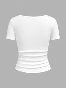 Slaydiva Women's Short Sleeve Square Neck Slim Fit White T-Shirt,Gathered English Letter Summer Casual Basic Top,Perfect For City Break And Black N White Style