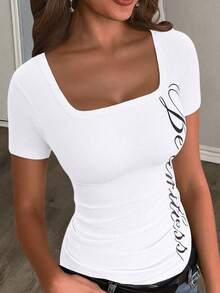 Slaydiva Women's Short Sleeve Square Neck Slim Fit White T-Shirt,Gathered English Letter Summer Casual Basic Top,Perfect For City Break And Black N White Style