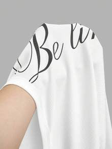 Slaydiva Women's Short Sleeve Square Neck Slim Fit White T-Shirt,Gathered English Letter Summer Casual Basic Top,Perfect For City Break And Black N White Style