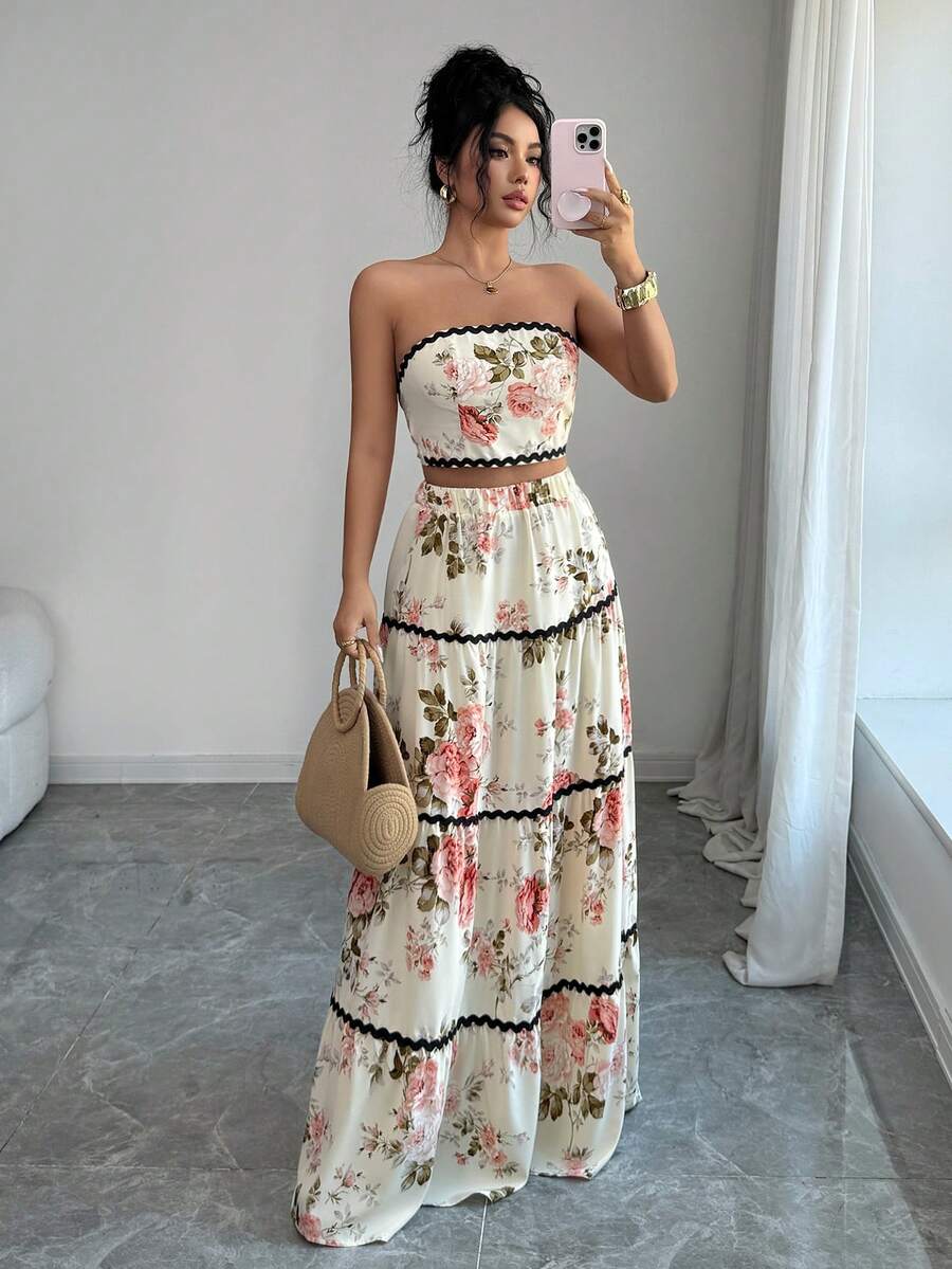 2kom/Set Ženski Elegantan Skraćeni Bandeau Top i Suknja