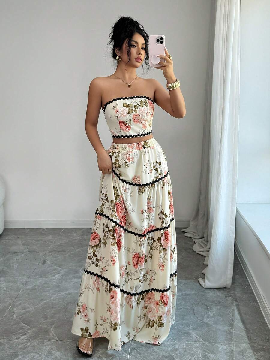 2kom/Set Ženski Elegantan Skraćeni Bandeau Top i Suknja