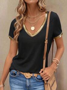 EMERY ROSE Women Casual V-Neck Contrast Color Block Short Sleeve T-Shirt