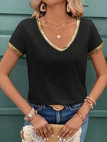 EMERY ROSE Women Casual V-Neck Contrast Color Block Short Sleeve T-Shirt