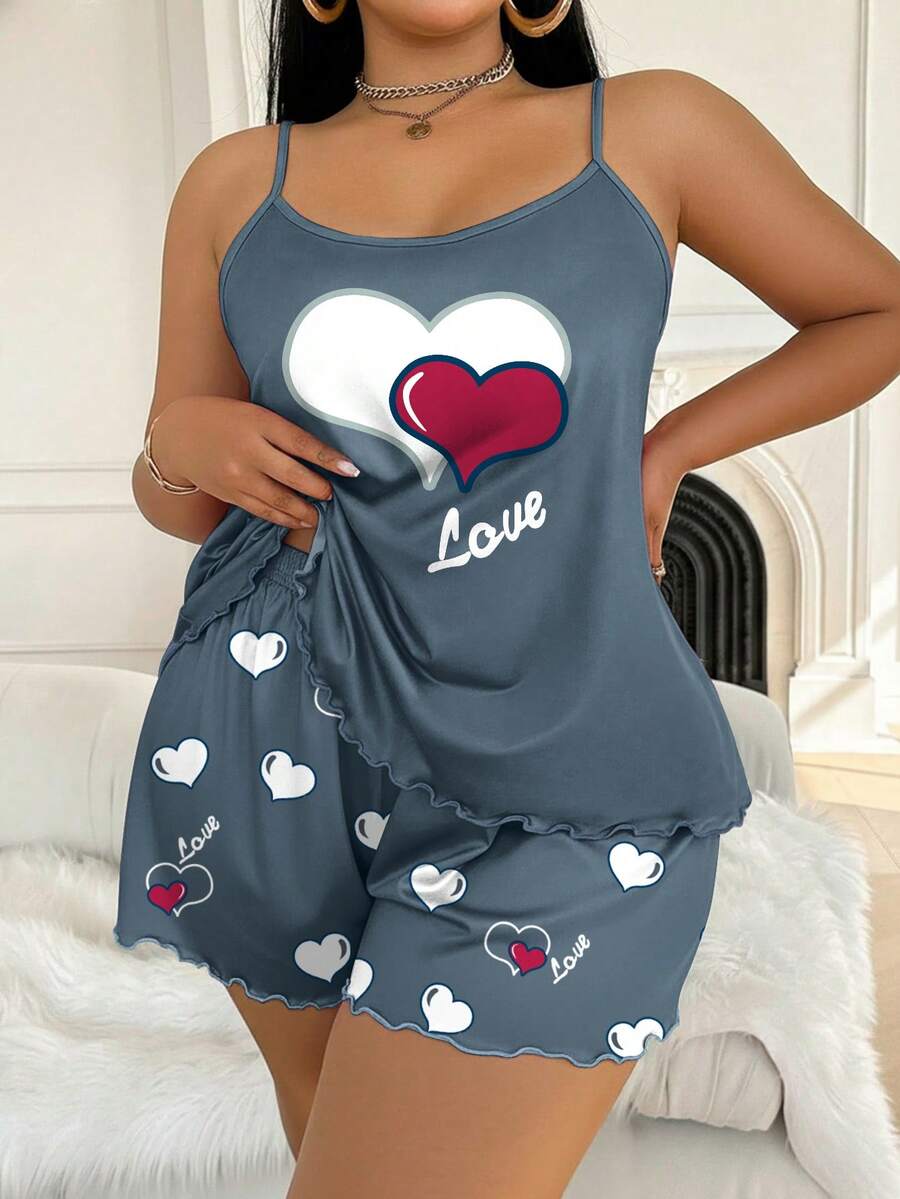 Set za spavanje sa topom na bretele i šorts sa crtanim printom mačke, plus size