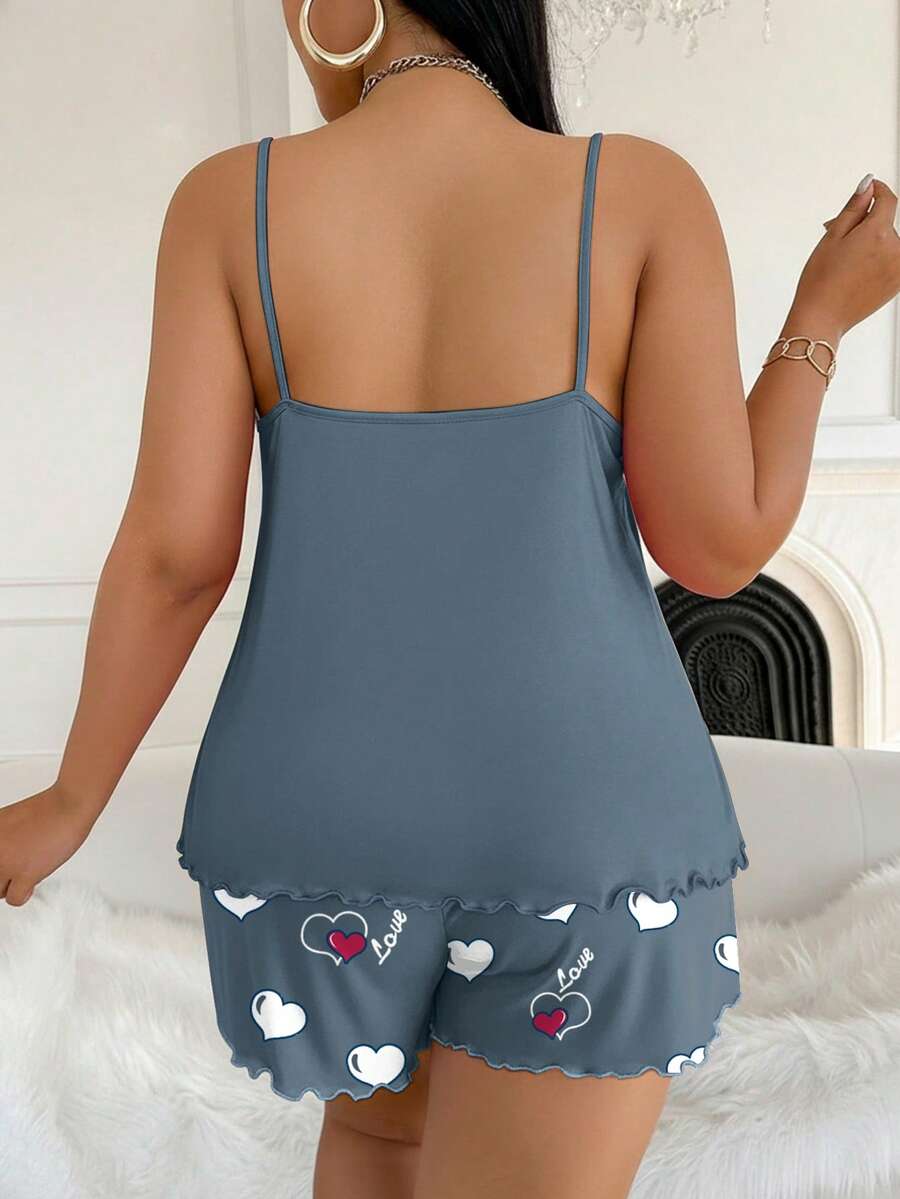 Set za spavanje sa topom na bretele i šorts sa crtanim printom mačke, plus size