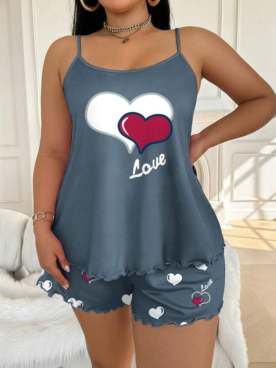 Set za spavanje sa topom na bretele i šorts sa crtanim printom mačke, plus size