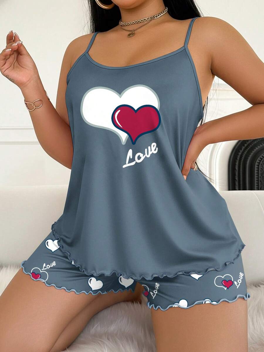 Set za spavanje sa topom na bretele i šorts sa crtanim printom mačke, plus size