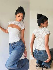 Siren Gaze Women's Solid Color Stand Collar Hollow Out Fitted Lace Patchwork Top, Summer White Elegant Cute Women Tops
