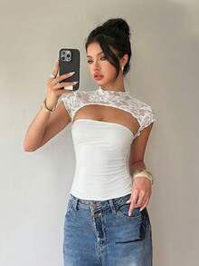 Siren Gaze Women's Solid Color Stand Collar Hollow Out Fitted Lace Patchwork Top, Summer White Elegant Cute Women Tops