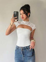Siren Gaze Women's Solid Color Stand Collar Hollow Out Fitted Lace Patchwork Top, Summer White Elegant Cute Women Tops