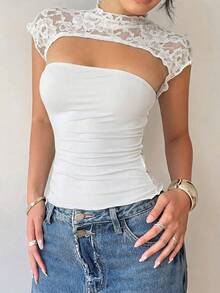 Siren Gaze Women's Solid Color Stand Collar Hollow Out Fitted Lace Patchwork Top, Summer White Elegant Cute Women Tops
