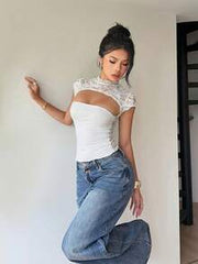 Siren Gaze Women's Solid Color Stand Collar Hollow Out Fitted Lace Patchwork Top, Summer White Elegant Cute Women Tops