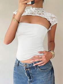 Siren Gaze Women's Solid Color Stand Collar Hollow Out Fitted Lace Patchwork Top, Summer White Elegant Cute Women Tops