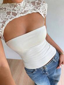 Siren Gaze Women's Solid Color Stand Collar Hollow Out Fitted Lace Patchwork Top, Summer White Elegant Cute Women Tops