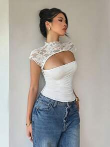 Siren Gaze Women's Solid Color Stand Collar Hollow Out Fitted Lace Patchwork Top, Summer White Elegant Cute Women Tops