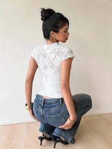 Siren Gaze Women's Solid Color Stand Collar Hollow Out Fitted Lace Patchwork Top, Summer White Elegant Cute Women Tops