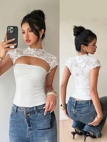 Siren Gaze Women's Solid Color Stand Collar Hollow Out Fitted Lace Patchwork Top, Summer White Elegant Cute Women Tops