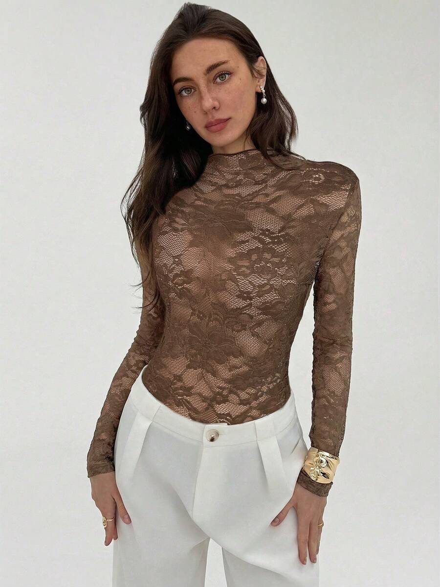 Ženski crni bodi sa cvetnim čipkastim uzorkom, elegantan seksi providni