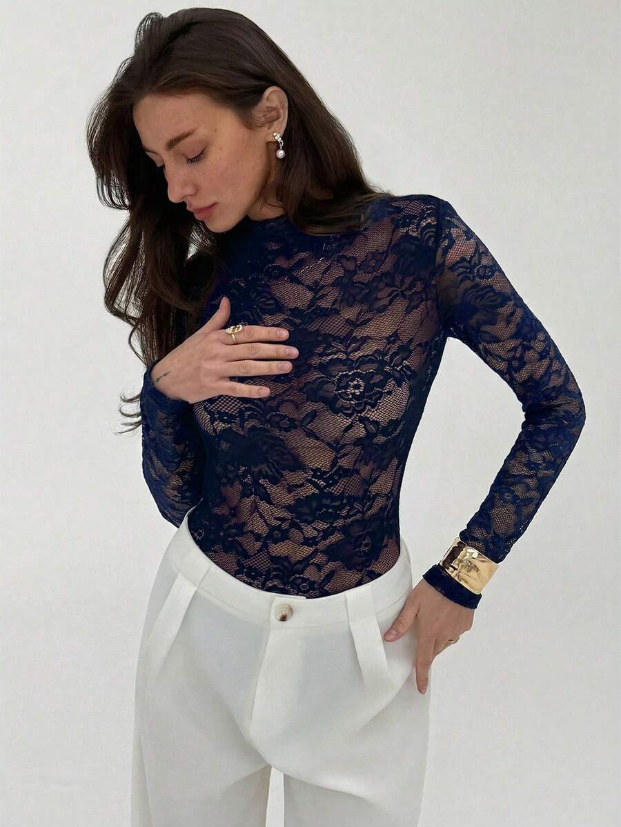 Ženski crni bodi sa cvetnim čipkastim uzorkom, elegantan seksi providni