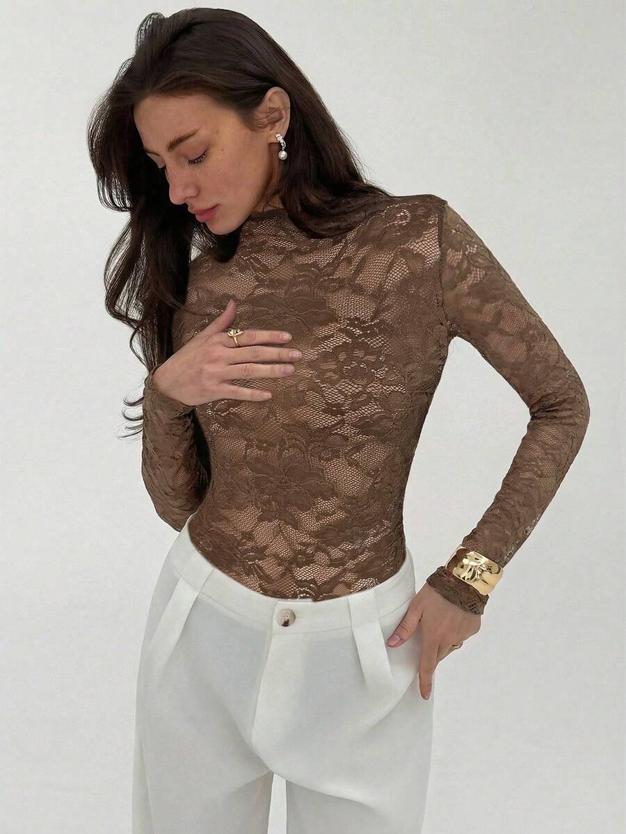 Ženski crni bodi sa cvetnim čipkastim uzorkom, elegantan seksi providni