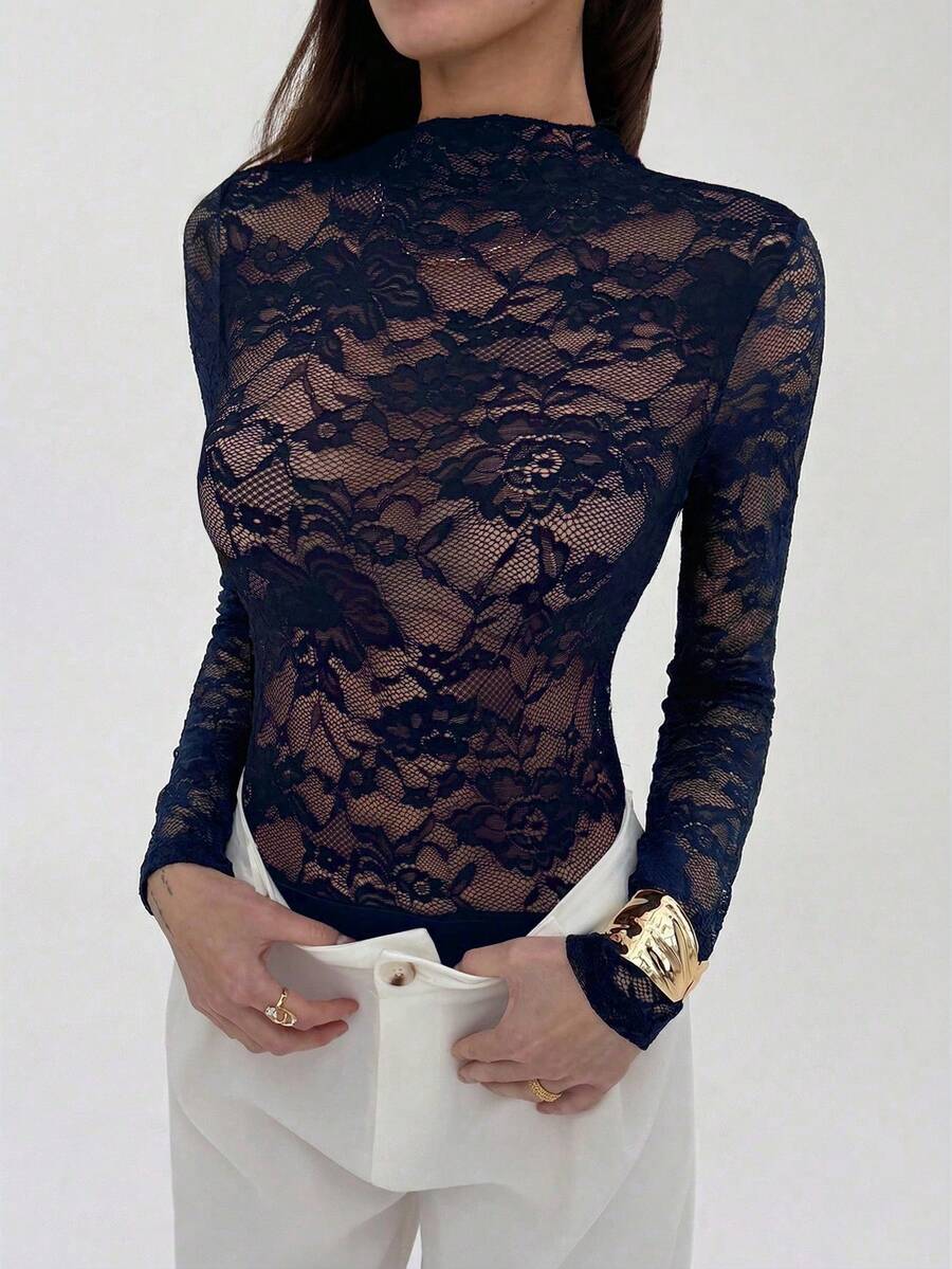 Ženski crni bodi sa cvetnim čipkastim uzorkom, elegantan seksi providni