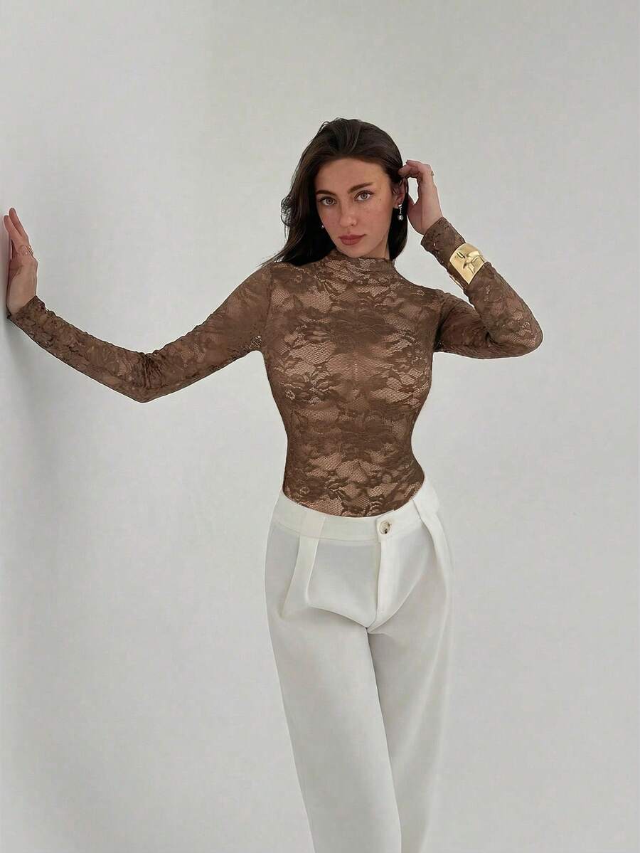 Ženski crni bodi sa cvetnim čipkastim uzorkom, elegantan seksi providni