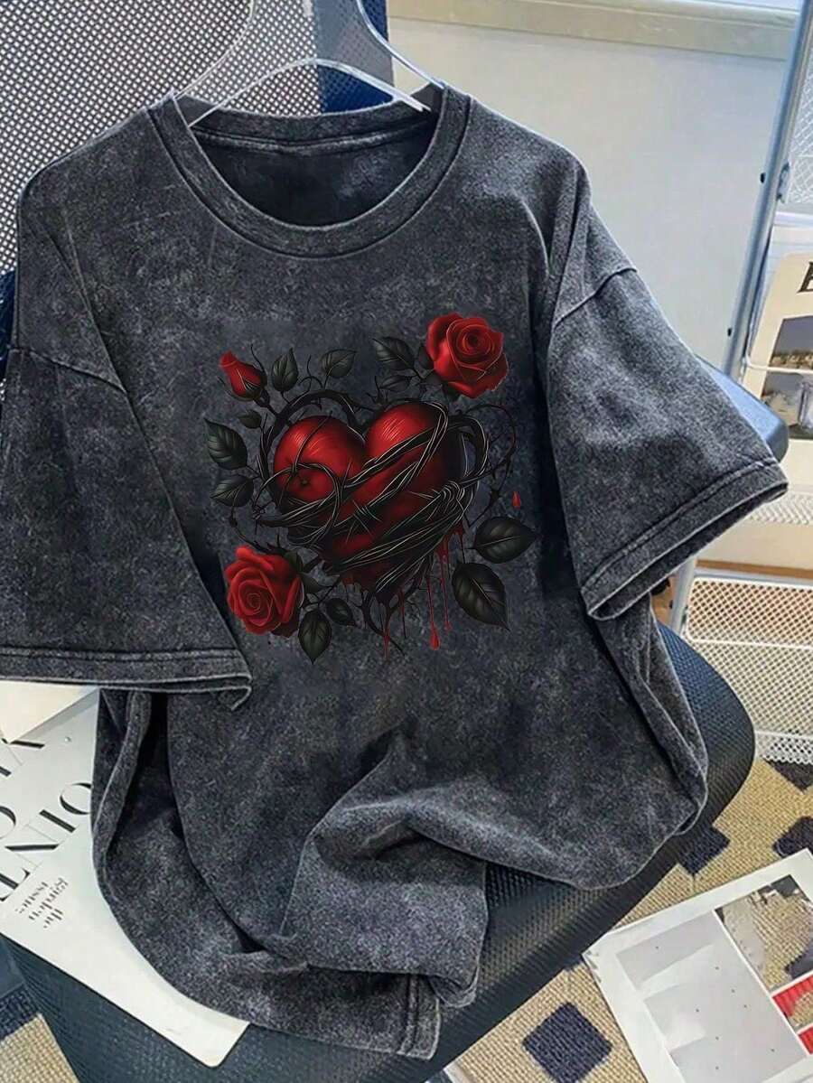 Ženska pamučna letnja majica sa printom „Trnje i crvene ruže“