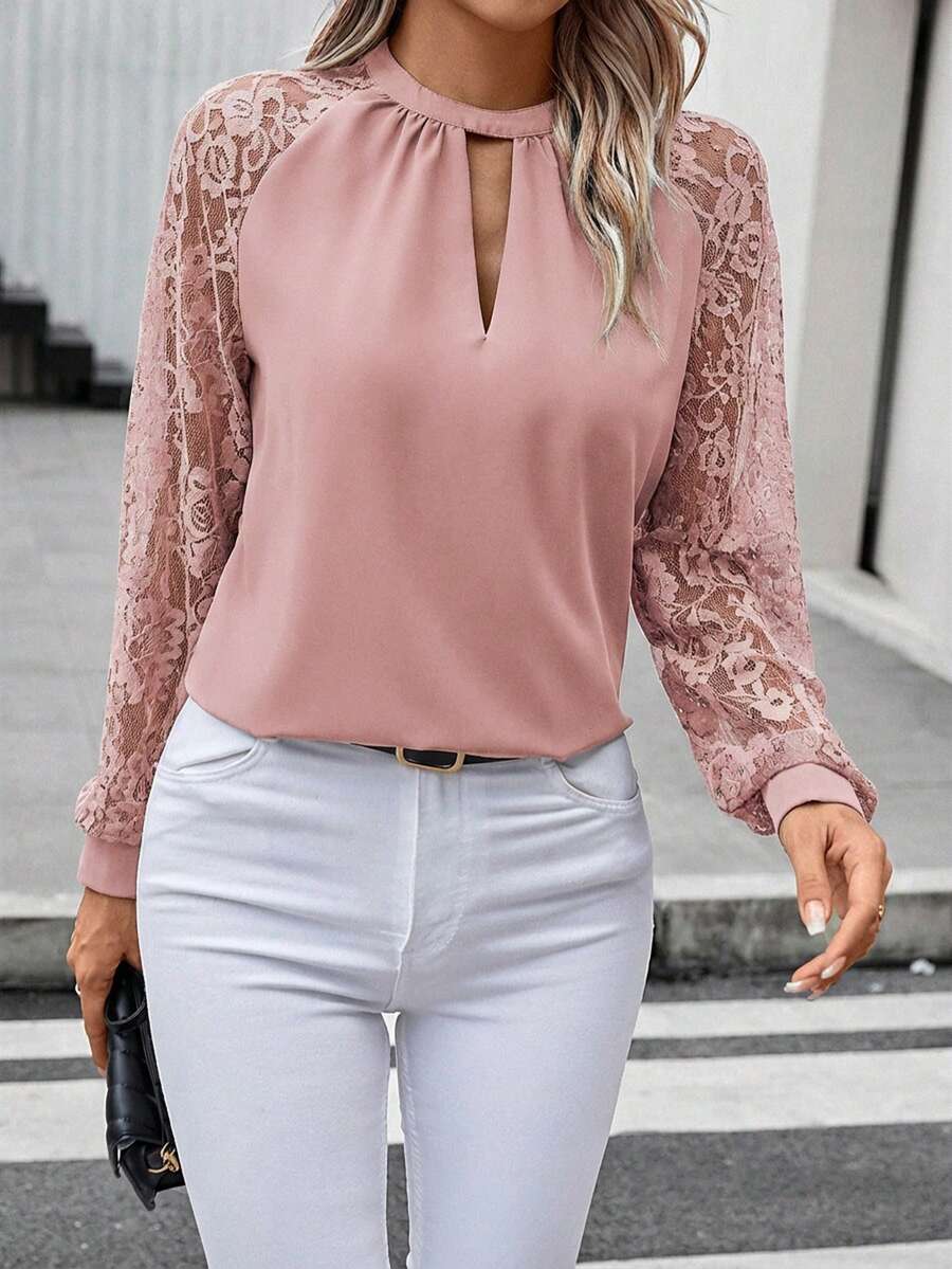 SHEIN Clasi Elegant Women's Pink Choker Neck Long Raglan Sleeve Blouse With Cut Out Details