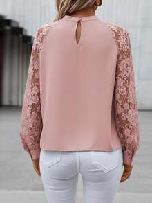 SHEIN Clasi Elegant Women's Pink Choker Neck Long Raglan Sleeve Blouse With Cut Out Details