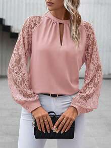 SHEIN Clasi Elegant Women's Pink Choker Neck Long Raglan Sleeve Blouse With Cut Out Details