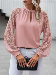 SHEIN Clasi Elegant Women's Pink Choker Neck Long Raglan Sleeve Blouse With Cut Out Details