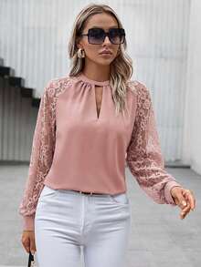 SHEIN Clasi Elegant Women's Pink Choker Neck Long Raglan Sleeve Blouse With Cut Out Details