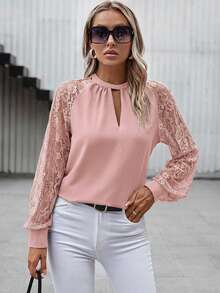 SHEIN Clasi Elegant Women's Pink Choker Neck Long Raglan Sleeve Blouse With Cut Out Details