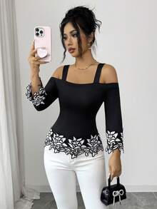 SHEIN Elenzya Elegant Black & White 3D Floral Trim Off-Shoulder Women's Long Sleeve Top, Lace Embroidered T-Shirt Blouse For Autumn Dining Vacation