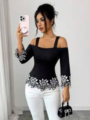 SHEIN Elenzya Elegant Black & White 3D Floral Trim Off-Shoulder Women's Long Sleeve Top, Lace Embroidered T-Shirt Blouse For Autumn Dining Vacation