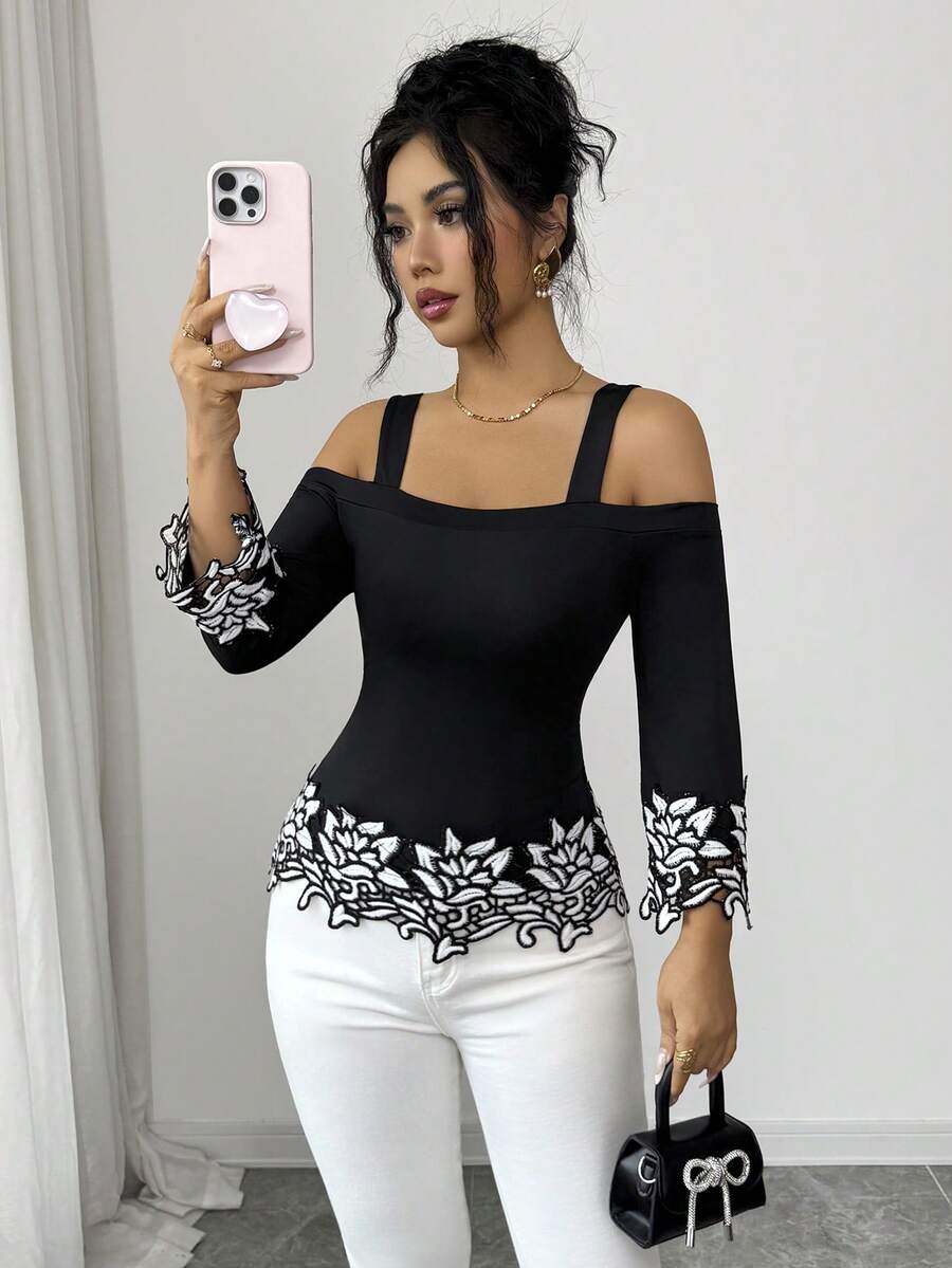 SHEIN Elenzya Elegant Black & White 3D Floral Trim Off-Shoulder Women's Long Sleeve Top, Lace Embroidered T-Shirt Blouse For Autumn Dining Vacation