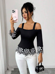 SHEIN Elenzya Elegant Black & White 3D Floral Trim Off-Shoulder Women's Long Sleeve Top, Lace Embroidered T-Shirt Blouse For Autumn Dining Vacation