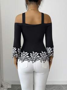SHEIN Elenzya Elegant Black & White 3D Floral Trim Off-Shoulder Women's Long Sleeve Top, Lace Embroidered T-Shirt Blouse For Autumn Dining Vacation