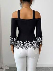 SHEIN Elenzya Elegant Black & White 3D Floral Trim Off-Shoulder Women's Long Sleeve Top, Lace Embroidered T-Shirt Blouse For Autumn Dining Vacation