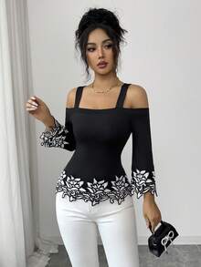 SHEIN Elenzya Elegant Black & White 3D Floral Trim Off-Shoulder Women's Long Sleeve Top, Lace Embroidered T-Shirt Blouse For Autumn Dining Vacation