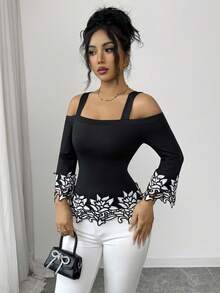SHEIN Elenzya Elegant Black & White 3D Floral Trim Off-Shoulder Women's Long Sleeve Top, Lace Embroidered T-Shirt Blouse For Autumn Dining Vacation