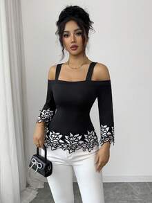 SHEIN Elenzya Elegant Black & White 3D Floral Trim Off-Shoulder Women's Long Sleeve Top, Lace Embroidered T-Shirt Blouse For Autumn Dining Vacation