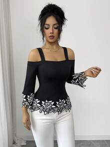SHEIN Elenzya Elegant Black & White 3D Floral Trim Off-Shoulder Women's Long Sleeve Top, Lace Embroidered T-Shirt Blouse For Autumn Dining Vacation