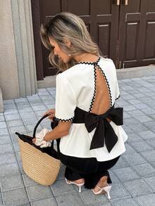 SHEIN PariChic Women's French Style Elegant Black And White Summer Crop Top, Open-Back Bow Backless Shirt, Ivory Pleated Fabric With Lace Trim, Sweet Tea Party Top