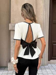 SHEIN PariChic Women's French Style Elegant Black And White Summer Crop Top, Open-Back Bow Backless Shirt, Ivory Pleated Fabric With Lace Trim, Sweet Tea Party Top