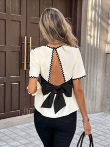 SHEIN PariChic Women's French Style Elegant Black And White Summer Crop Top, Open-Back Bow Backless Shirt, Ivory Pleated Fabric With Lace Trim, Sweet Tea Party Top