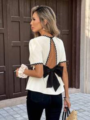 SHEIN PariChic Women's French Style Elegant Black And White Summer Crop Top, Open-Back Bow Backless Shirt, Ivory Pleated Fabric With Lace Trim, Sweet Tea Party Top