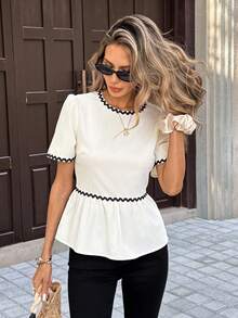 SHEIN PariChic Women's French Style Elegant Black And White Summer Crop Top, Open-Back Bow Backless Shirt, Ivory Pleated Fabric With Lace Trim, Sweet Tea Party Top