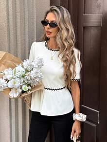 SHEIN PariChic Women's French Style Elegant Black And White Summer Crop Top, Open-Back Bow Backless Shirt, Ivory Pleated Fabric With Lace Trim, Sweet Tea Party Top